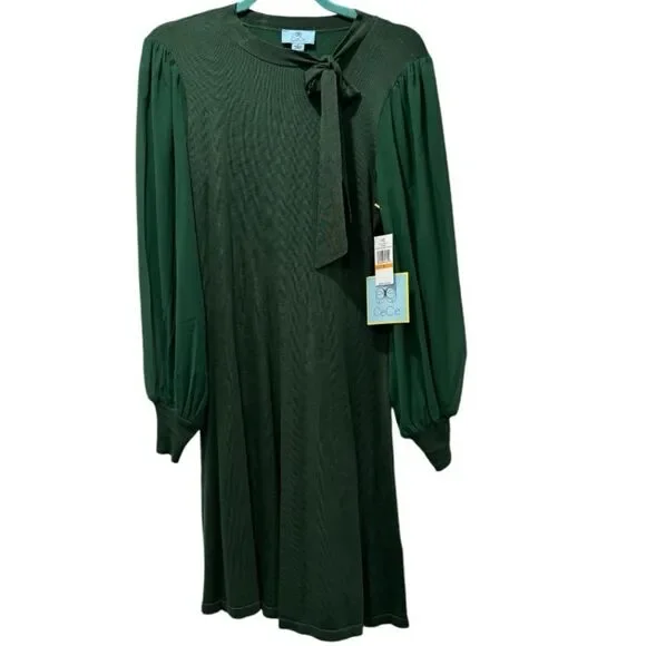 Cece Small Green Dress withh Sheer Sleeves and Bow - Picture 2 of 10